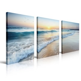 3 piece Modern Ocean Sea Waves Seagull Sunset Beach Seascape Canvas Wall Art, Framed Coastal Sunrise Nature Landscape Bird Artwork Prints Bathroom Home Decor Ready to Hang (16" X 24" X 3 Pieces)