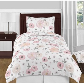 Blush Pink, Grey and White Twin Sheet Set for Watercolor Floral Collection by Sweet Jojo Designs - 3 Piece Set