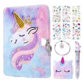 FRIUSATE Unicorn Secret Diary for Girls, Unicorn Lockable Diary Plush Unicorn Notebook Journal Fun Lockets Secret Diary Journal Kids Stationery Gifts with Wallet Pen Stickers Bracelet Aged 6-13