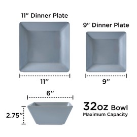 TP 12-Piece Square Dinnerware Set, Melamine Dishes Set with Bowls and Plates, Non-breakable Lightweight Dinner Service for 4