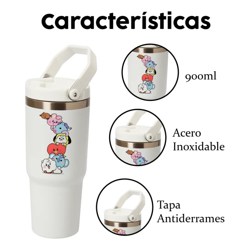 Termo Alto Acero Inoxidable Bts Peluches Kpop 900 Ml Blanco