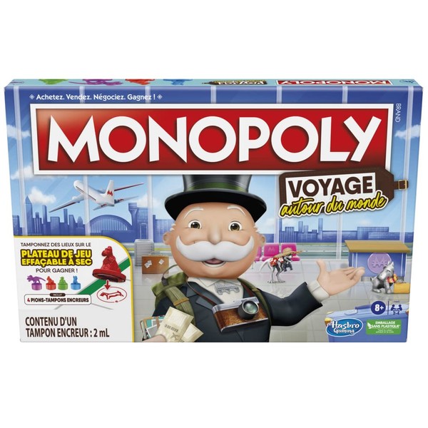 Hasbro Gaming Monopoly Voyage Autour du Monde - Jeu de société pour Famille et Enfants, Pions-tampons encreurs, Plateau de Jeu effaçable à Sec, 8 Ans et Plus, Multicolore