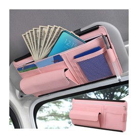 Car Sun Visor Organizer, Car Visor Pocket Wallet Pouch Holder, Vehicle Sunshade Glasses Case Storage Bag with Multi-Pocket Net Zipper, Auto Interior Accessories Universal for SUV Truck Van (Pink)