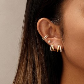 Dainty Gold Hoop Earrings Set for Women,14K Gold Plated Cartilage Double Hoop Earrings Stacks for Multiple Piercing,Hypoallergenic Huggie Gold Earrings Minimalist Jewelry Gift