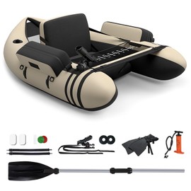 GYMAX Fishing Float Tube, 350lbs Inflatable Fishing Boat with Paddle, Pump, Flippers, Fish Hook Stators, Fish Ruler, Storage Pockets, Portable Backpack Belly Boat for Adults Fishing (Beige)