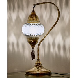 DEMMEX Turkish Moroccan Table Lamp, Swan Neck Tiffany Style Mosaic Glass Table Desk Bedside Lamp for Bedroom, Living Room – Handcrafted in Turkey, White Black