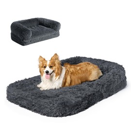 EHEYCIGA Foldable XL Dog Bed, Faux Fur Fluffy Pet Couch Bed for Large Dogs, Orthopedic Calming Memory Foam Big Pet Bed, Washable Soft Pet Sofa Bed with Non-Slip Bottom, Dark Grey, 46"x34"x6.5"