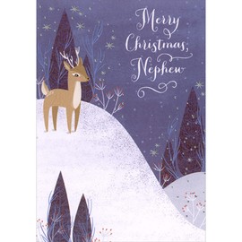 Designer Greetings Deer at Top of Snow Covered Hill Religious Christmas Card for Nephew