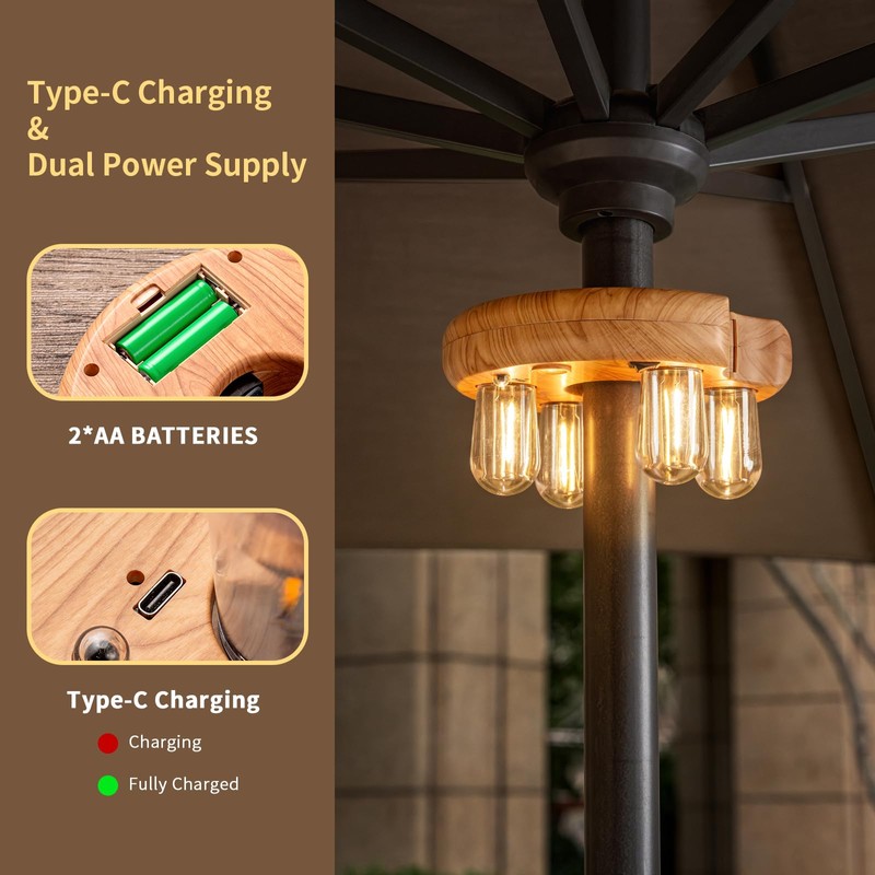OPOIRA Wood Grain Patio Umbrella Light with Remote Control, Rechargeable