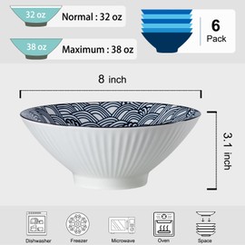 Dyware 38 oz Japanese Ramen Bowls Set of 6, Large Pho Bowls, 8 Inch Ceramic Blue and White Soup Bowls, Wave Pattern
