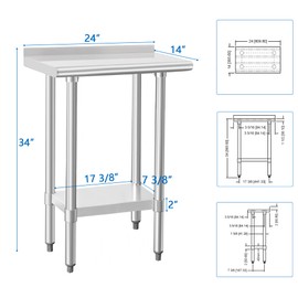 HARDURA Stainless Steel Commercial Work Table Prep Work Metal Table 14×24 Inches with Undershelf and 2" Backsplash Heavy Duty NSF 430 for Kitchen Food Prep