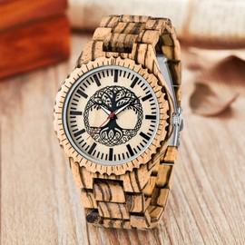 Dentily Men's Wood Watch Engraved Tree of Life Pattern Quartz Watch for Men Hand-Made Wooden Watches for Men