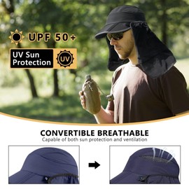 GADIEMKENSD UV Protection Fishing Sun Hat for Men Womens Foldable Baseball Sun Hat with Neck Flap Convertible Cooling Vented Mesh Beach Hats for Fishing Gardening Hiking Travel Camping Navy