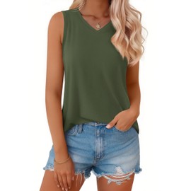 MAGCOMSEN Womens Tank Tops Summer Sleeveless V Neck Tops Loose Fit Casual Basic UPF 50+ Tee Flowy Trendy T-Shirts, ArmyGreen S