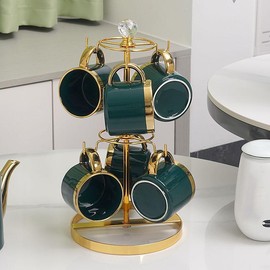 Creative Coffee Cup Iron Storage Rack, Double Layer Metal Coffee Cup Holder, Home Organizer for Kitchen Dining Room, Summer for Gift - Color: Golden, Specification: Crystal Head