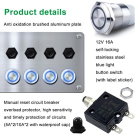 Ambuker 4 Gang 12V Momentary Push Button Switch Panel Antioxidant Aluminum with Blue Light Self-Locking Switches 4.8A USB Car Charger Power Socket and Circuit Breaker Waterproof for Car RV Boat Truck