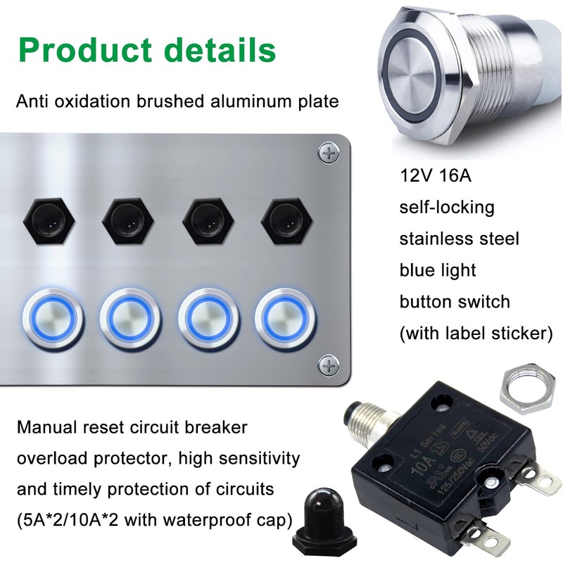 Ambuker 4 Gang 12V Momentary Push Button Switch Panel Antioxidant