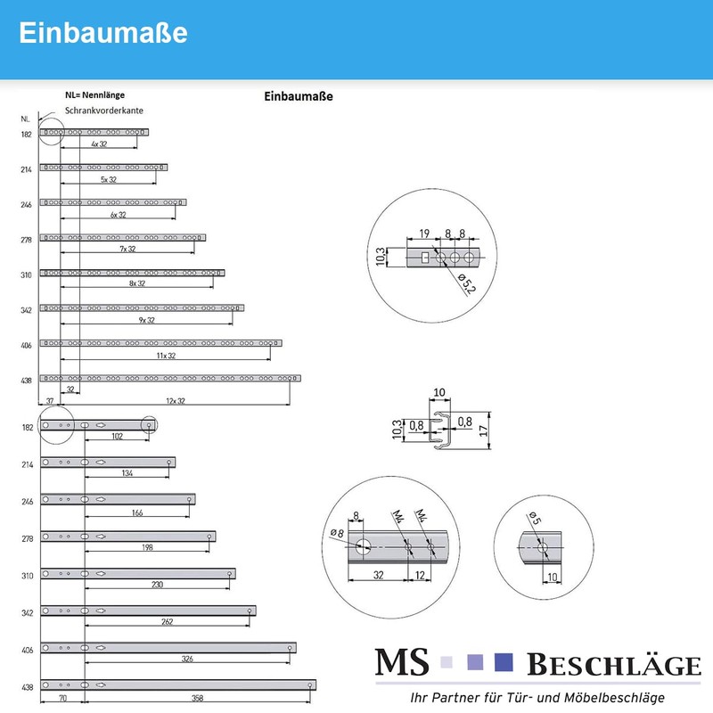 MS Beschläge Partial Extension Drawer Extension, Telescopic Extension, 17 mm,