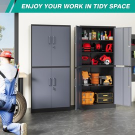 SISESOL Metal Storage Cabinets with Doors and Shelves,71" Metal Garage Storage Cabinet with Lock,Gray Steel Cabinet with Locking Doors,4 Door Lockable Cabinets for Garage,Home,Office