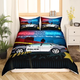 Sunnybed Police Car Duvet Cover Cartoon Police Bedding Set for Teenagers Boys, Policeman Vehicle Car Red Blue Police Officer Lights Truck Emergency Strobe Light Bedroom Decor 135 x 200 cm
