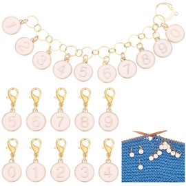 BENECREAT 11Pcs Number Stitch Marker Charms, Alloy Enamel 0~9 Knitting Row Counter Chains Enamel Locking Stitch Charm with Lobster Clasps for Knitting Weaving Sewing, Pink