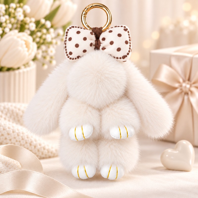 Fluffy Bunny Keychain for Holiday Gifting – Cute Bow Rabbit