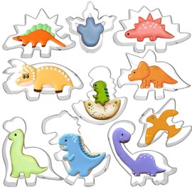 10PCS Dinosaur Cookie Cutter Large New Baking Mold Set, Tyrannosaurus T-Rex Dinosaur Footprint Head Triceratop Brontosaurs Pterodactyl Spinosaurus Shape for Kid Birthday Party Sandwich Pancake Cracker
