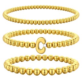 Kenivira Gold Beaded Bracelets for Women, Stackable Gold Initial Bracelets for Women Non Tarnish, 14K Real Gold Plated Stretch Bead Ball Waterproof Bracelet with Letter C Bracelets