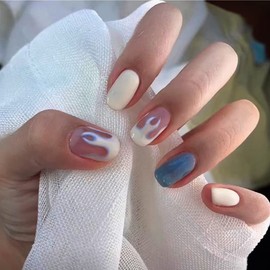 Kithue 24 Pcs Squoval Blue and White Flame Short Press On Nails Fake Nails False Nails With Graffiti Designs For Women And Girls