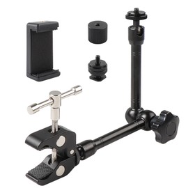 11 Inch Adjustable Articulated Arm Magic Arm, Super Clamp with 1/4 Inch and 3/8 Inch Screw Holes and a Double Hole Phone Holder for Photo, Video and Camera Equipment