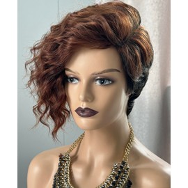 SEVENCOLORS Brown Curly Wigs for Black Women Asymmetrical Short Pixie Cut Bob Wigs Synthetic Hair Short Wavy Wigs with Brown Bangs