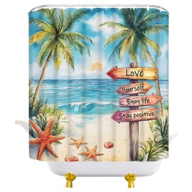 JEJOMEAG Tropical Beach Palm Tree Shower Curtain Ocean Inspirational Quotes Coastal Sunset Watercolor Scenery Art Fabric Bathroom Decor Curtain with Hooks, 70Wx70H