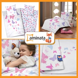 Aminata kids Butterfly Bed Linen 135 x 200 cm Girls Cotton Butterflies Colourful White YKK Zip Animal Motif Butterfly Reversible Bedding Set White Purple
