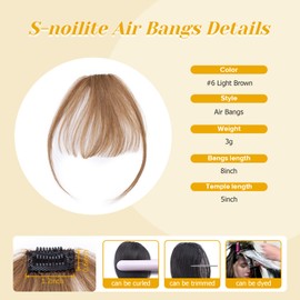 S-noilite Bangs Hair Clip in Bangs,100% Real Human Hair Curved Bangs Clip in Hair Extensions for Women Air Bangs Clip on Wispy Bangs Fringe with Temples 3g (#6 Light Brown)
