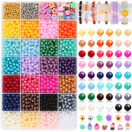 2120 Pearl Beads for Jewelry Making 24 Colors Pearl Beads for Bracelets Making 40 Cute Clay Beads Mixed with Gold Silver Spacer Beads 6mm Round Colorful Beads for Craft Jewelry Bracelets Making