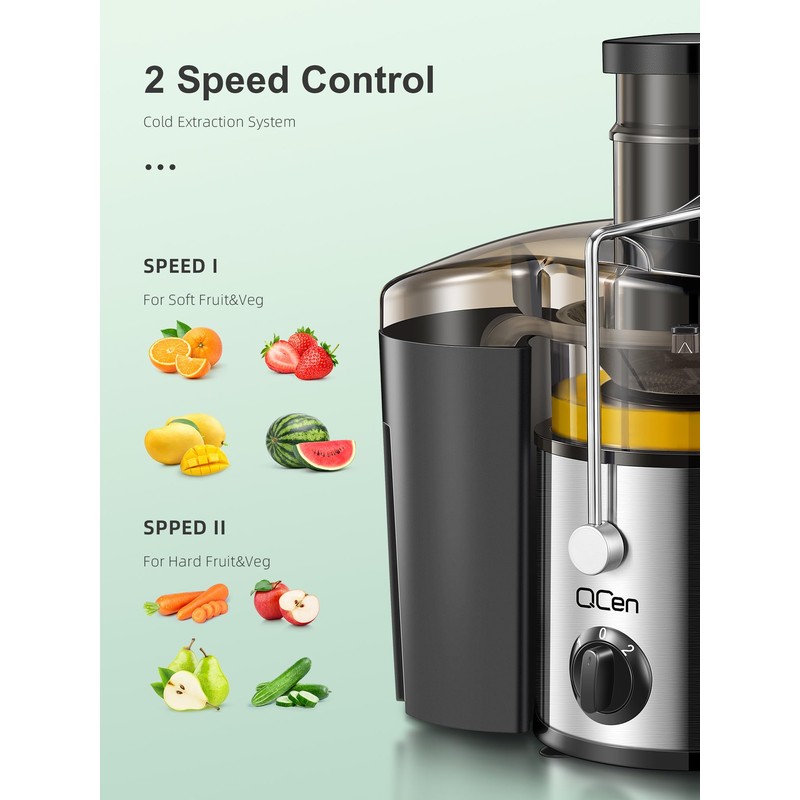 QCen Juicer Machine, 500W Centrifugal Juicer Extractor with 3” Wide
