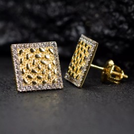 Street Knitted Men's Large 14K Gold 925 Sterling Silver Square Nugget Hip Hop Stud Earrings