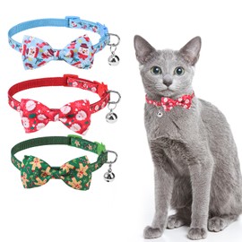 SCENEREAL Christmas Cat Collar Breakaway with Bells and Bow Tie- 3 Pack Cute Holiday Cat Collars- Xmas Kitten Collar Adjustable Safety Buckle for Girl Boy Cats Dogs Pets