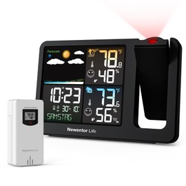 Newentor Projection Alarm Clock, 2-in-1 Weather Station for Bedroom Ceiling, Auto-Dimming Screen with Indoor Outdoor TEM&Hum Monitor, Adjustable Backlight, Forecast, No Atomic Clock, Black,Red Ceiling
