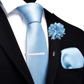 Branduce Baby Blue Tie Set for Men Wedding Solid Plain Necktie Pocket Square Tie Clip and Lapel Pin Brooch Set (TA15-48)