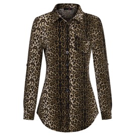 DJT Womens Plaid Shirts Soft Stretchy Knit Blouse Long Sleeve Button Down Shirts Work Tops Small Leopard Print