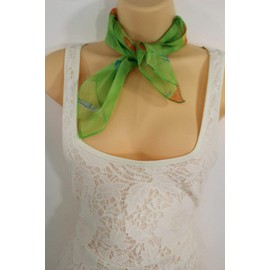 TFJ Women Fashion Neck Scarf Sheer Floral Fabric Orange Flowers Pocket Square Green