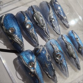 [Handmade nail tip] Milky Way trapped in the sea - long stiletto / [수제네일팁] 바다에 갇힌 은하수 - 롱스틸레토