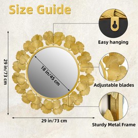 MODE HOME 29-Inch Decorative Wall Mirror, Stylish Ginkgo Leaf Round Mirror for Wall Decor with Gold Foil Finish, Decorative Gold Mirrors for Wall Perfect for Living Rooms, Bathroom, Entryways