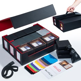 Scimi Extra Large Card Storage Box Holds 3600+ Cards Compatible with 12 Small Deck Boxes, Includes Cthulhu Dice Bag, 10 Colorful Dividers, 4 Protective Foam Pads, Perfect for MTG （Black/Red）