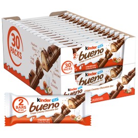 Kinder Bueno Milk Chocolate and Hazelnut Cream, Bulk 30 Pack, 2 Individually Wrapped Chocolate Bars Per Pack, 1.5 oz Each