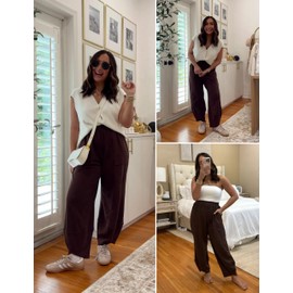 Xiaoxuemeng Womens Baggy Wide Leg Pants Casual Elastic Waisted Palazzo Harem Pants with Pockets(Coffee-S)
