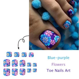 Flower Press on Toenails Short Square Fake Toe Nails with Blue Floral Design Purple Flower False Toenails Cute Summer Stick on Toenails Glossy Spring Glue on Toenails for Women Girls Manicure 24Pcs