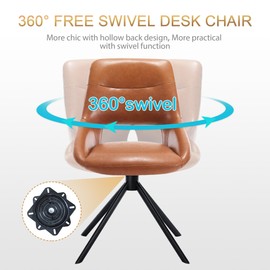 Zesthouse Modern Desk Chair No Wheels, Swivel Vanity Chair with Hollow Back, Armless Home Office Chair for Girls Women, Brown Faux Leather Computer Task Chair for Bedroom