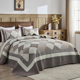 FineStichery 100% Cotton King Bedspread 120"x120", Oversized Quilt with Pillow Shams, Farmhouse Quilted Plaid Bed Spread Coverlet, Lightweight Bedding Cover, 3 Piece, Brown/Gray